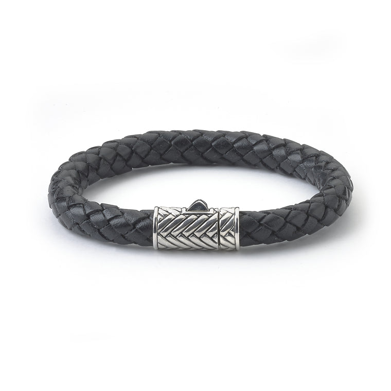 Samuel B. Leather Men's Bracelet with Sterling Silver Textured Clasp (91157)