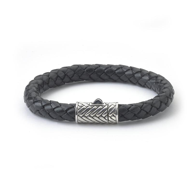 Samuel B. Leather Men's Bracelet with Sterling Silver Textured Clasp