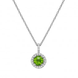 The classic look of Lafonn's Aria pendant adds elegance to any ensemble. The pendant is set with a .84ctw genuine round checkerboard-cut peridot surrounded by .22ctw of Lafonn's signature Lassaire simulated diamonds in sterling silver bonded with platinum. The pendant comes on an adjustable 18" chain.