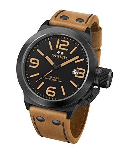 TW Steel 45mm Black Quartz Black Dial Camel Leather Strap Watch (82822)