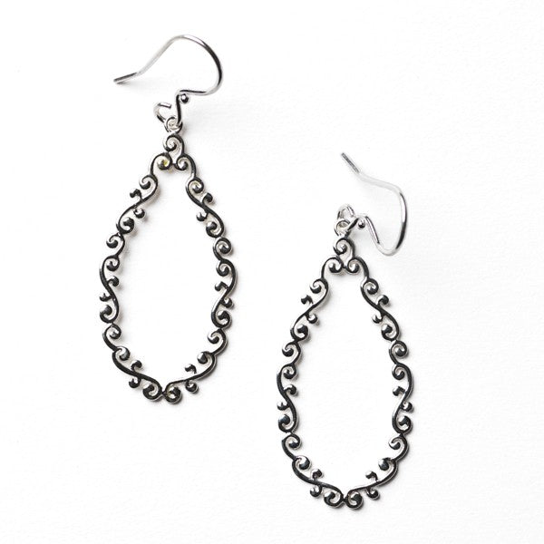 Southern Gates® Open Teardrop Earrings Courtyard Series 40x20mm 925 Sterling Silver Designed and distributed in Charleston, SC   Celebrate historic Southern gardens featuring wrought iron elements of sweet blooms, scrolling vines and lush landscapes.