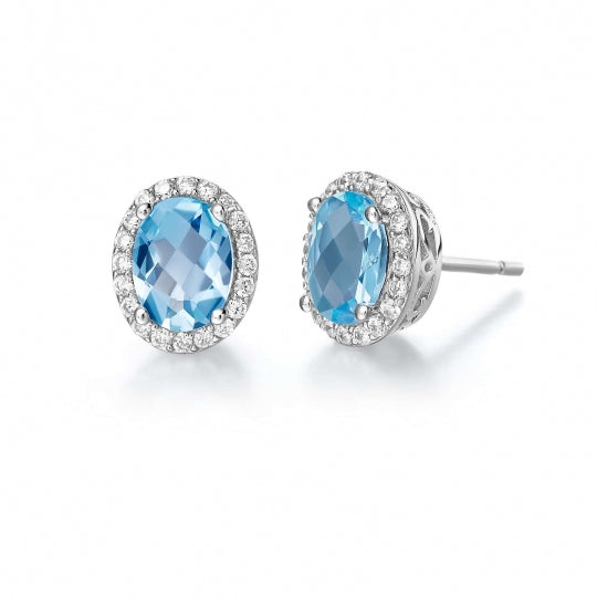 The clean look of Lafonn's Aria earrings adds class to any ensemble. These classy earrings are set with a genuine 6x8 mm oval checkerboard-cut blue topaz surrounded by Lafonn's signature Lassaire simulated diamonds in sterling silver bonded with platinum.