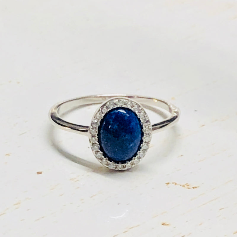 Sterling Silver Oval Lapis and CZ Halo Ring