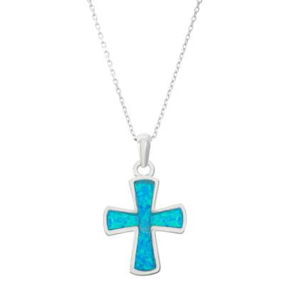 Sterling Silver Created Blue Inlay Opal Rounded Cross Pendant