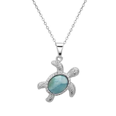 Sterling Silver Larimar Sea Turtle Necklace (