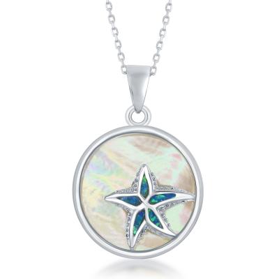 Sterling Silver Mother of Pearl and Created Opal Starfish Necklace with 18" Sterling Silver Chain.