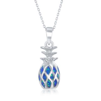 Sterling Silver Blue Inlay Created Opal Pineapple Necklace 