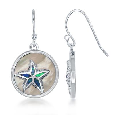 Sterling Silver Round Mother of Pearl Created Blue Opal Inlay Starfish Earrings (88606)