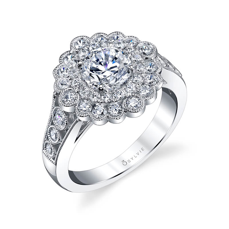 Sylvie Collection 14K White Gold .81ctw Diamond Vintage Double Halo Engagement Ring Semi-Mount