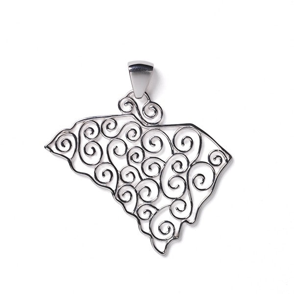 Southern Gates® South Carolina State Pendant With Full Filigree State Series 35x40mm 925 sterling silver Designed in Charleston, SC  Southern Gates® state jewelry honors the love and beauty of the special places we call home.