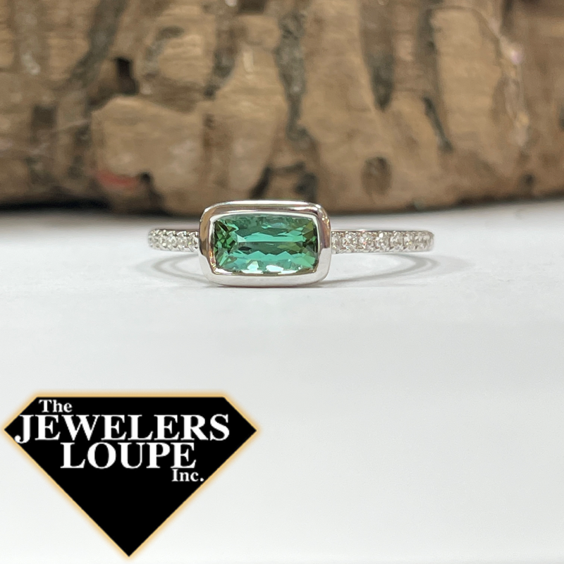 14K White Gold ring set with .75ctw Green Tourmaline and .10ctw Diamonds.