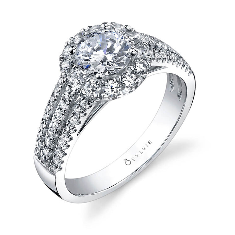Sylvie 14K White Gold .72ctw Diamond Triple Shank Halo Engagement Ring Semi-Mount  (71519)