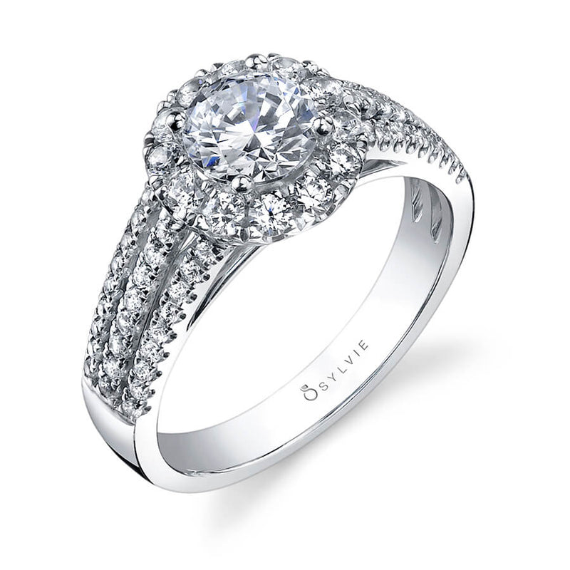 Sylvie Collection 14K White Gold .72ctw Diamond Triple Shank Halo Engagement Ring Semi-Mount