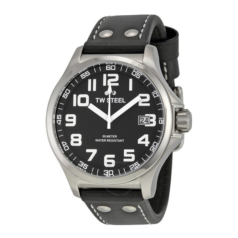 TW Steel Pilot 45mm Black Dial Leather Strap Watch (82805)