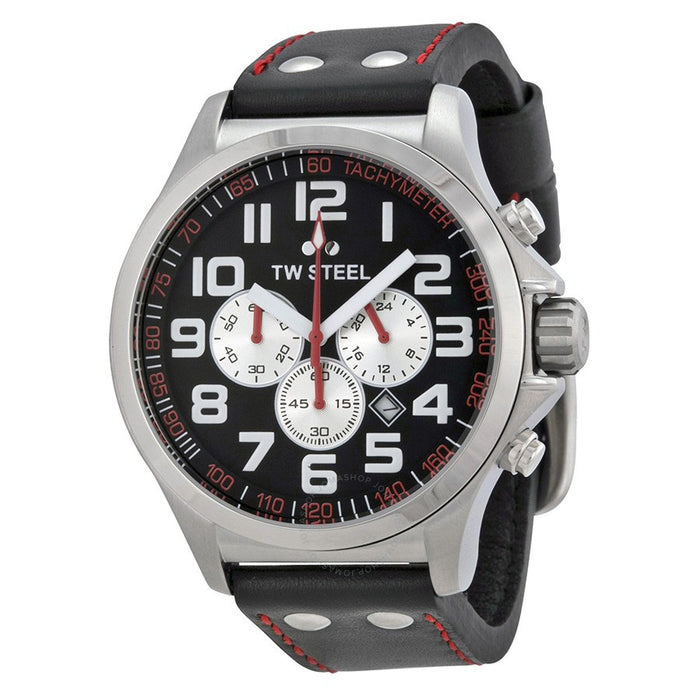 TW Steel Pilot 45mm Chronograph Black Dial Leather Black/Red Strap Watch (82807)