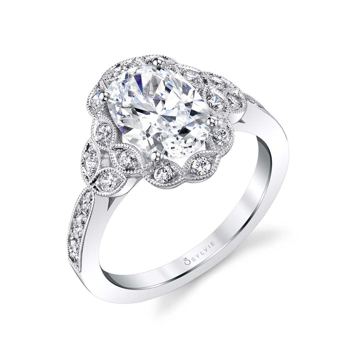 Sylvie Collection 14K White Gold .29ctw Diamond Vintage Style Oval Engagement Ring Semi-Mount